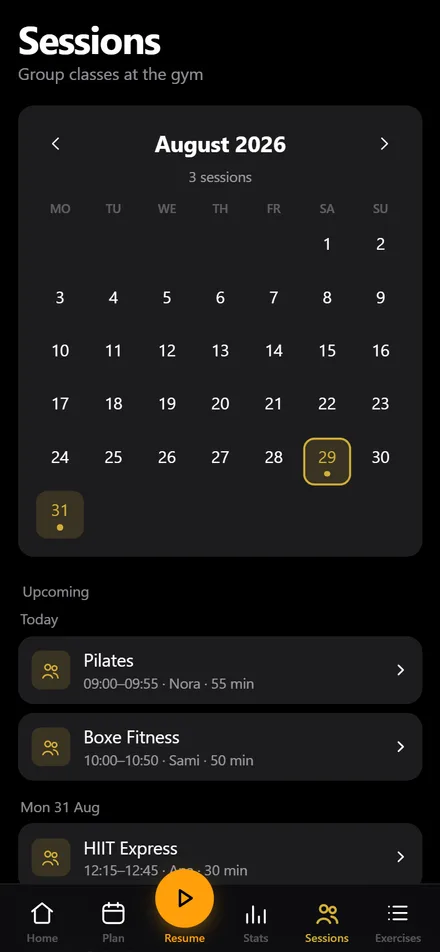 Planning des cours collectifs : calendrier du mois et liste des prochains cours